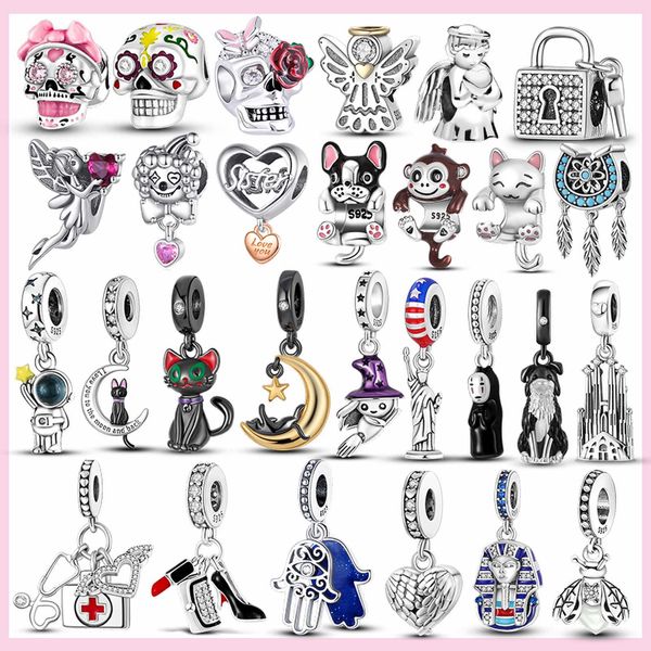 925 Silver Fit Pandora Charme 925 Bracelet Halloween crânio Black Cat Pumpkin Spider Spider Love Charms Set Pingente Diy Fine Fine Jewelry