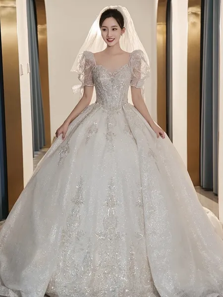 2023 Bohemian Ballkleid Brautkleider kurze Ärmel Spitze Applikationen A-Linie Strand Brautkleider Sweep Zug Boho Abiti Da Sposa Hochzeitskleid