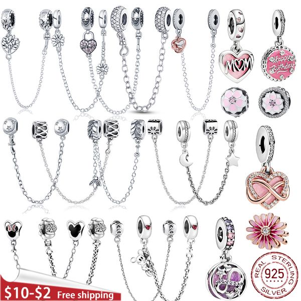 925 Sterling Silver Ciondola Charm Donna Perline Gioielli di alta qualità Regalo Commercio all'ingrosso 9 modelli Zircone Catena di sicurezza Bead Fit Pandora Charms Bracciale fai da te