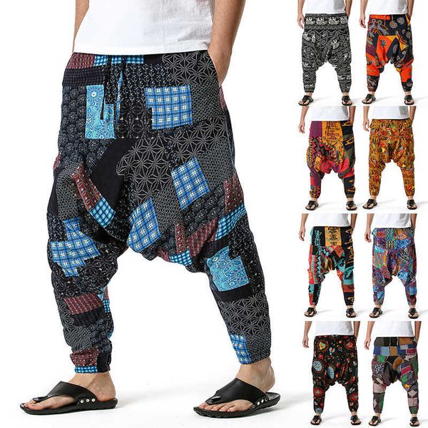 Pantaloni da uomo Harem Mens Hippy Hippe Pantaloni in cotone Bohemian Vintage Ethnic Print Patchwork Om Patch G220929