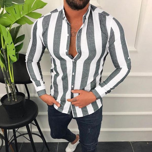 Camicie casual da uomo Comoda camicia con risvolto autunnale a righe verticali in poliestere per l'uso quotidiano