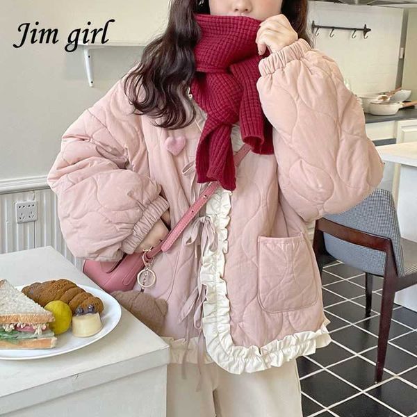 Джакеки японские каваи короткие женщины сладкий в стиле, зимний крыло, женщина милые кружевные лоскутные камеры, повседневные девушки розовые парки, пальто y2210