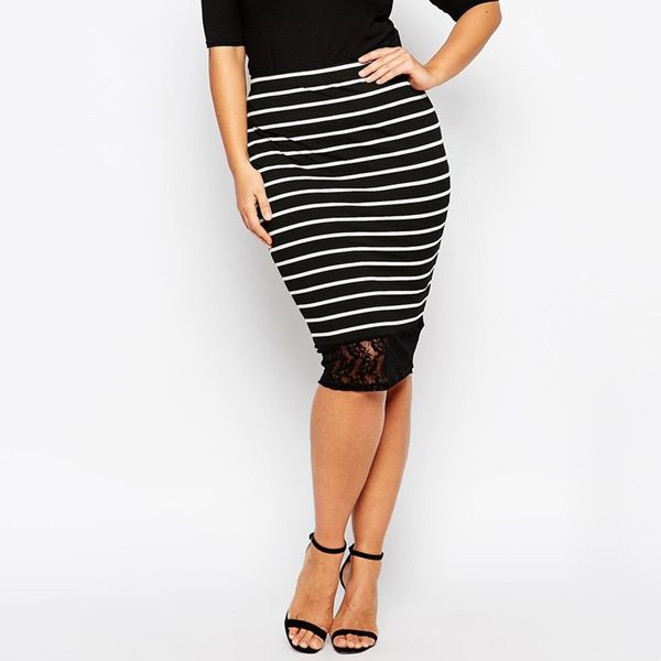 Vestidos de tamanho plus size painel de renda elegante saia midi feminino saia de escritório preto e branco