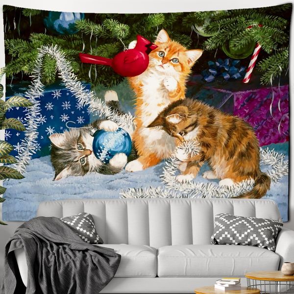 Arazzi Pet Kitten Tapestry Cute Snowman Wall Hanging Holiday Gift Bohemian Home Living Room Bedroom Decor Scenery Cloth Tapiz 221006