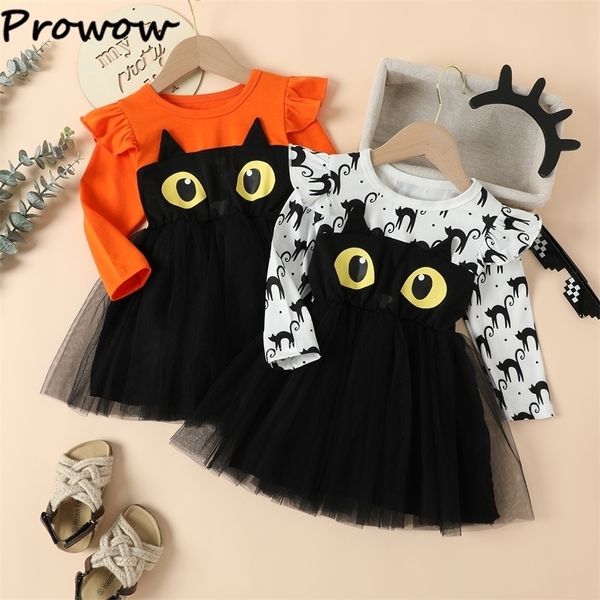 Mädchenkleider Prowow 26Y Mädchen Halloween-Kleid Black Cat Print Cartoon Prinzessin Kleider für Mädchen Festival Halloween-Kostüm für Kinder 2201006