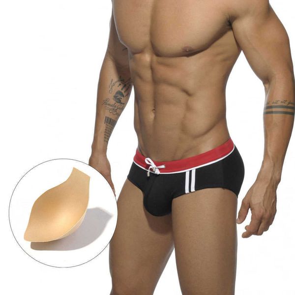 Herrenbadebekleidung Feste Farbe Männer 2021 Sexy Sommer Badeanzug Slips Streifen mit Tasse Strand Tragen Mode Kurze Sport Homme Schwimmen J220913