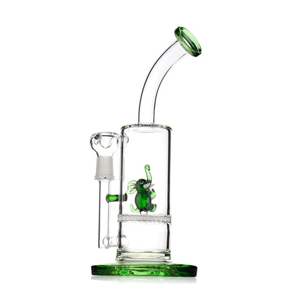 Bongo de vidro para cachimbo de água tipo curvado de elefante verde de 9 polegadas - coador de catraca, junta masculina de 14 mm