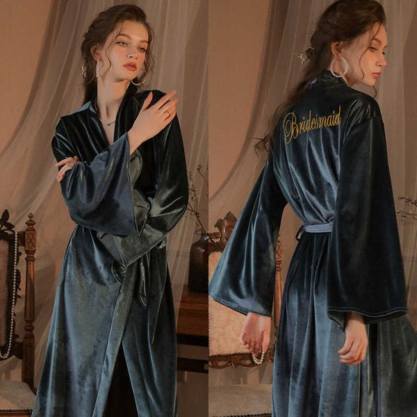 Kadınların Pijama Soyunma Elbisesi Gelin Nedime Altın Velvet Uzun Kollu Çöp Nightgown Kimono Nakış Seksi Gece Elbise Ev Kıyafetleri T221006