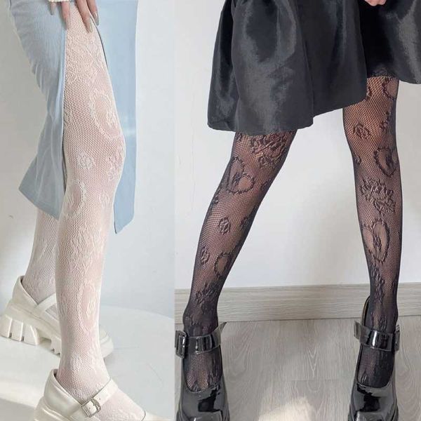 Meias Hosiery Mulheres francesas de estilo real de calcinha de fishnet de calça vintage coração jacquard tatuagens de tatuagens de tatuagem de malha T220930