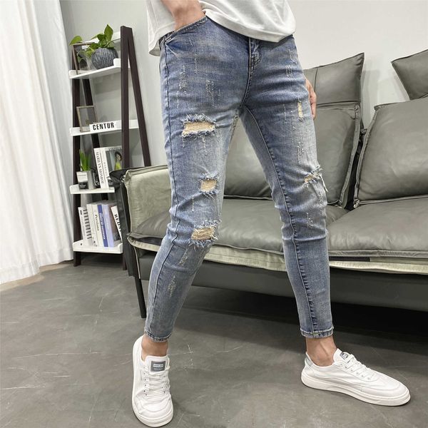 Calças masculinas Moda 2022 Ripped Hole Blue Cat Scratch Scret Slim Feet Jeans Men Spring Summer Summer New Young Dents Lápis vintage G220929