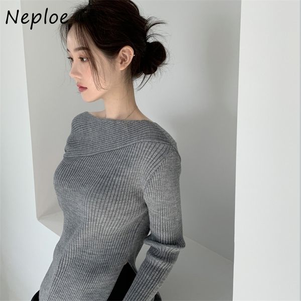 Maglioni da donna Neploe Inizio autunno Sezione sottile Maglione a maniche lunghe con spacco e spalle scoperte Signore Slash Neck Ching Semplice Slim Fit Pullover 221006