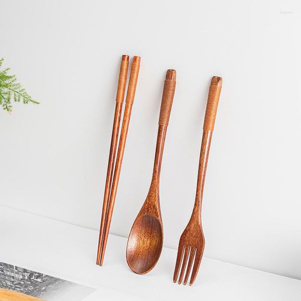 Set di stoviglie Hemu Legno naturale 3 pezzi Stoviglie Bacchette Forchetta Cucchiaio portatile fatto a mano Solido manico lungo Antiscivolo