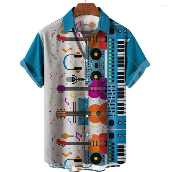 Мужские повседневные рубашки летняя тенденция свободная 3D -гитарная полоса контраст цвета гавайский гавайский 2022 уютные социальные вечеринки мужчины с коротким рукавом блузки с коротким рукавом