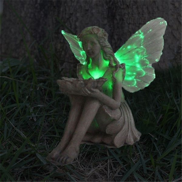 Садовые украшения Suower Fairy Statue Солнечное освещение Крылья Орнамент На открытом воздухе Красивая скульптура ангела Декоративная фигура Орнамент Садовый декор 221006