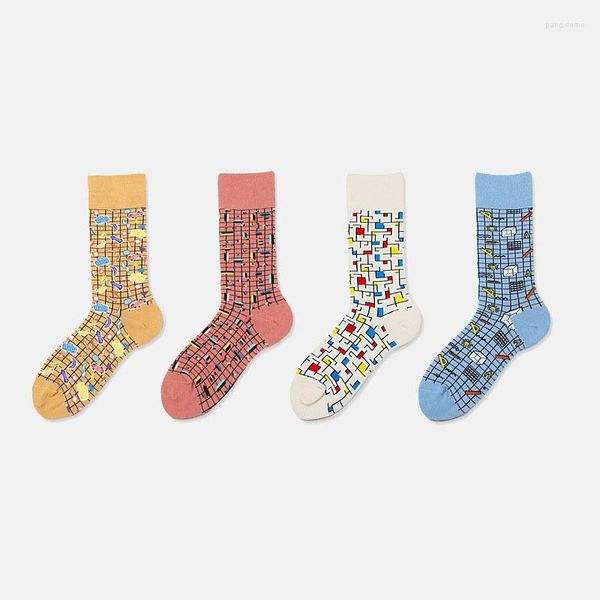 Männer Socken Neuheit Frühling Glücklich Lustig Geometrie Muster Bunte Strumpfwaren Lange Röhre Frauen Sport Harajuku Stil Calcetines