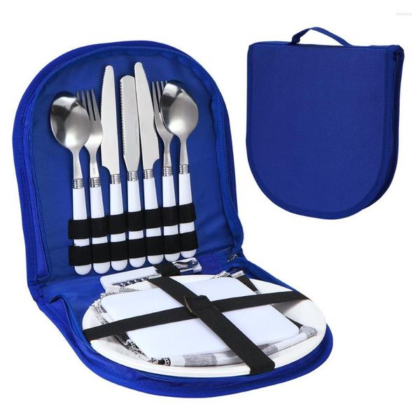 Set di stoviglie da campeggio Kit di posate in acciaio inox Piatto cucchiaio Apribottiglie Forchetta Tovagliolo Picnic all'aperto Cucina BBQ Set di utensili da viaggio