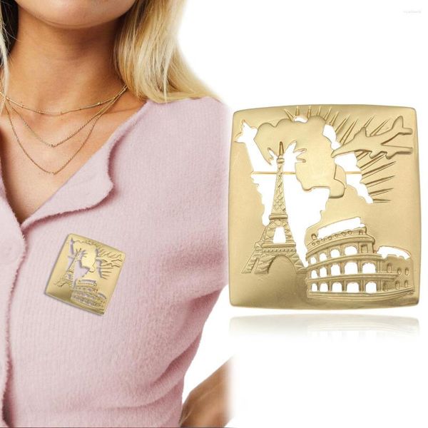 Broches Travel Eiffel Tower Plane Hat Lapela Lengéfe Mulheres Coleção de Pin Broche Art Gold Art Deco Nouveau Presente Badges Temple Jóias de Natal