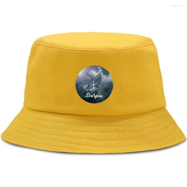 Berretti 12 Constellations Scorpio Bucket Hats Vintage Cap Summer Men's Panama Caps Donna e uomo Chapeau Street Fishing Cappello da pescatore