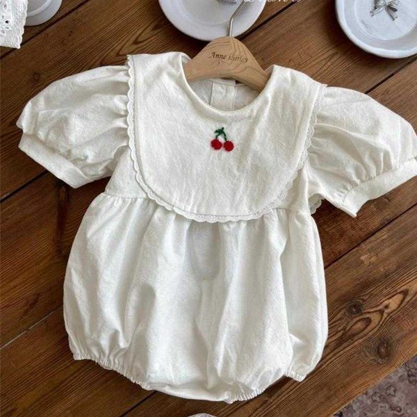 Romper neonate neonate estate semplice ricamo ciliegia maniche a sbuffo tutela solida corpicchiera in cotone outfit j220922 J220922