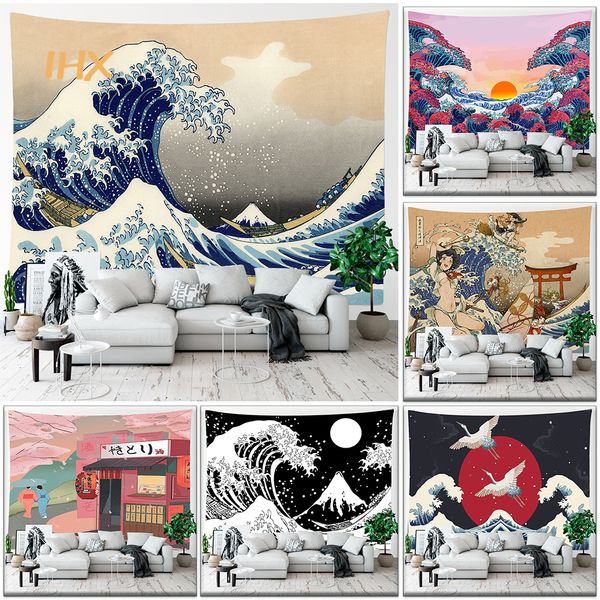 Arazzi Mount Fuji Tapestry Kawaii Room Decor Wall Hanging Giappone Kanagawa Big Wave Bedroom Dormt Aesthetic Home 221006