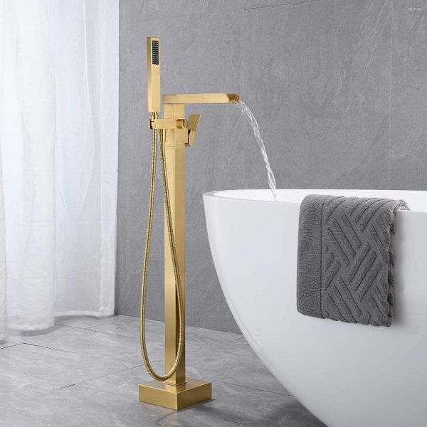 Set doccia da bagno Rubinetto per vasca da bagno freestanding oro / nero spazzolato Rubinetto per vasca con montaggio a pavimento Rubinetto monocomando in ottone con mano e girevole