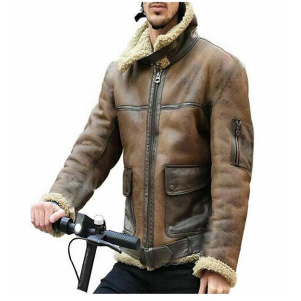 Pelliccia da uomo Pelliccia sintetica Inverno Uomo Giacca in pelle foderata in lana d'agnello Parka Cappotto outwear Uomo Giacca in pelliccia retrò Locomotiva Cerniera Cappotto in pelle PU Guerra