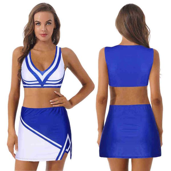 Damen-Trainingsanzüge für Damen, sexy Cheerleader-Uniform, gestreift, Cheerleading-Uniform, Tanz-Outfit, V-Ausschnitt, ärmelloses, kurzes Tank-Top mit Miniröcken, T220909