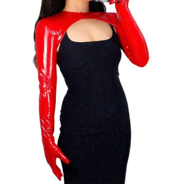 Fünf-Finger-Handschuhe, LATEX-BOLERO-HANDSCHUHE, glänzendes Leder, Kunstlack, rote Top-Jacke, kurzes Achselzucken, lange Lederhandschuhe für Damen, WPU227, 227025196