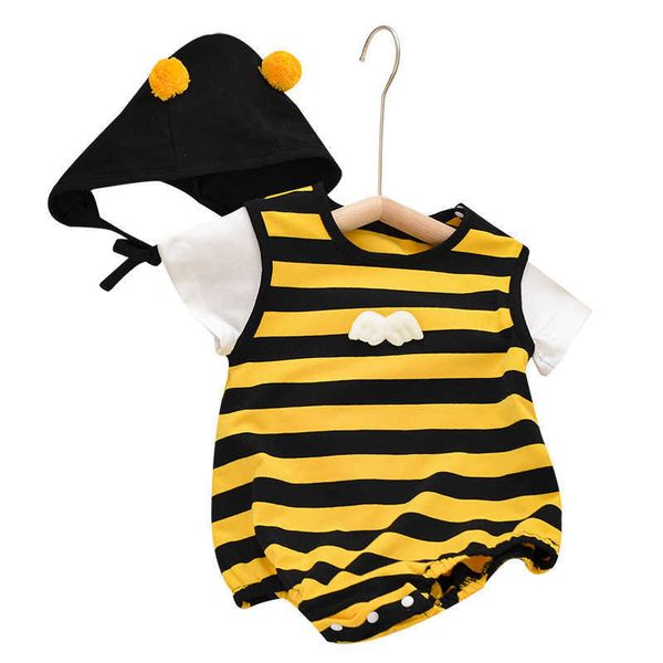 Strampler Sommer Baby Kleidung Kind Jungen Biene Gestreiften OnePieces Baumwolle Mode Kleinkind Mädchen Strampler Boutique Baby Overall Mit Hut J220922