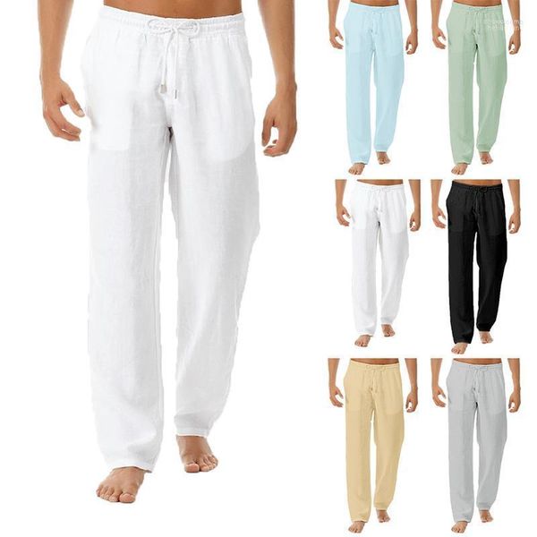 Pantaloni da uomo Pantaloni estivi in cotone e lino Pantaloni da uomo elasticizzati in vita dritti naturali traspiranti larghi bianchi femminili