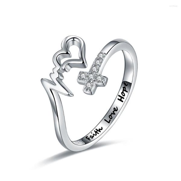 Clusterringe 925 Sterling Silver Cross Glaube Hope Liebesring Verstellbarer inspirierender Wickel Schmuck Brithday Weihnachtsgeschenke für Frauen Teenager