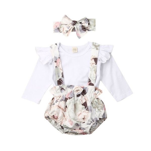 Completi di abbigliamento 0 24M Neonata infantile Vestiti Top a maniche lunghe Pagliaccetto Pantaloncini con bretelle a fiori Set di abiti 221007