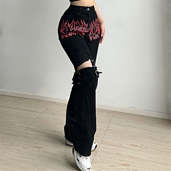 Calça feminina capris bandagem gótica feminino jeans larga de jeans baixa lápis magro casual vintage y2k calças estéticas de streetwear preto 221007