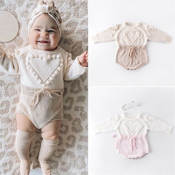 Artırıcılar Güzel Kalp Bebek Bebek Kız Örme Giysileri Aşk Romper Tulum Büzgü Kıyafet Sonbahar Kış Yünlü Knaklı Kazak Bodysuits 221007