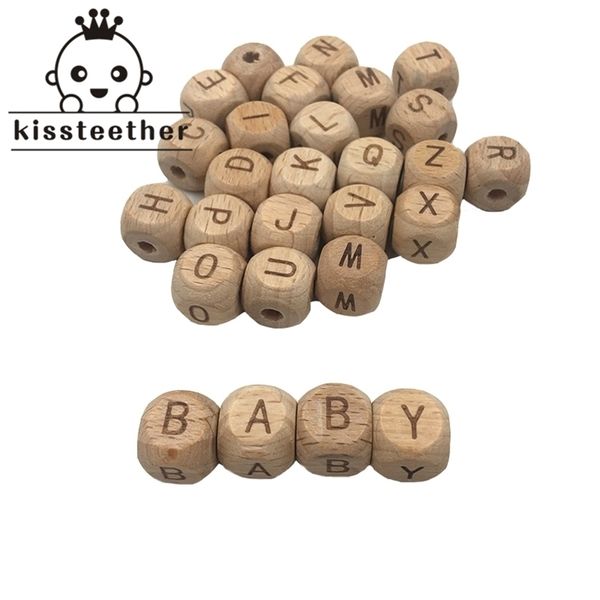Baby Zähnen Spielzeug Holzkranker Accessoires 100pc 12mm Quadratform Buche Holzbuchstaben Perlen Zahnen DIY -Schmuck Alphabet Perlen Baby Teether 221007