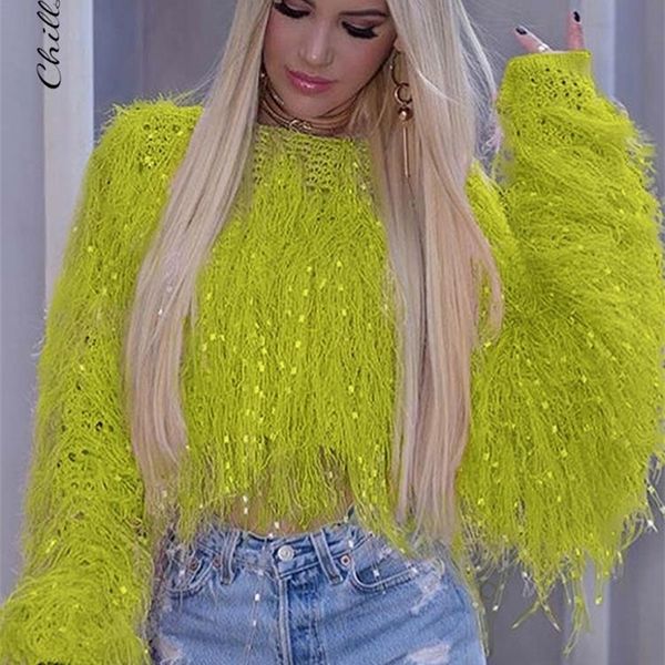 Женские свитеры вязаные кисточки для кисточки Women Pellover Sweater Сплошной ручной работы с длинным рукавом O-образным вырезом Короткая вечеринка с краской женской уличной одежды 221007