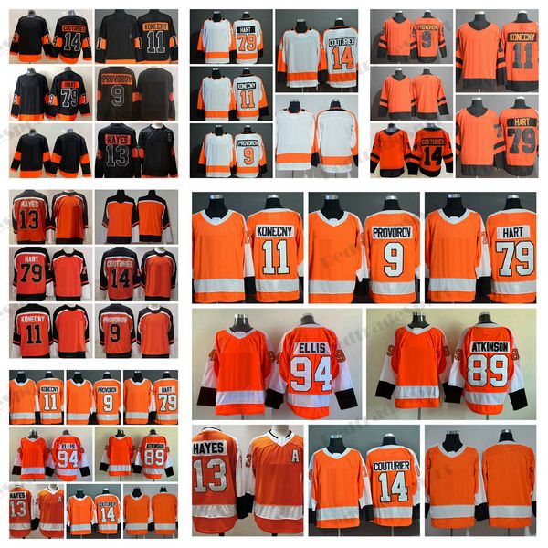 2021 Reverse Retro Hockey Trikots 11 Travis Konecny 9 Ivan Provorov 13 Kevin Hayes 14 Sean Couturier 79 Carter Hart 89 Cam Atkinson 94 Ryan Ellis Schwarze Hemden