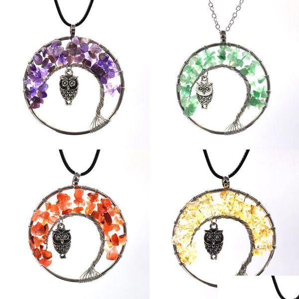 Outros acessórios de moda 11 cores Mulheres arco -íris 7 Chakra Tree of Life quartzo Owl Pingente Colar Mticolor Natural Stone Sabedoria 101 DHTUV