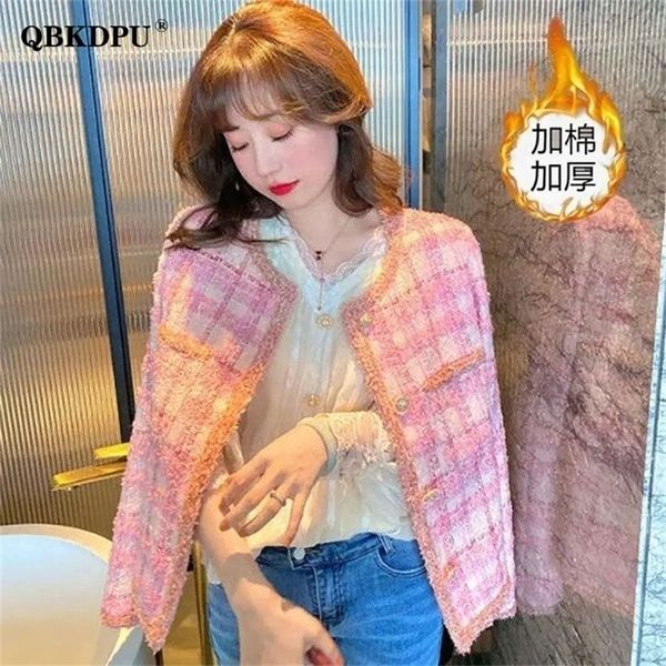 Damen Jacken Koreanische Mode Rosa Plaid Tweed Crop Jacke Frauen Elegante Langarm Gesteppte Baumwolle Mantel Vintage Fringe Luxus Design Oberbekleidung 221007