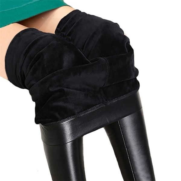 Perneiras femininas calças de inverno grossas calças quentes calças casuais casuais casuais femme pu da cintura alta perna de couro preto 5xl 221007