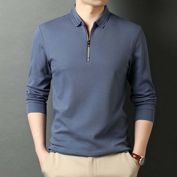 Polos de los hombres 100 algodón cuello con cremallera polo camisa de los hombres de manga larga de color sólido polos de negocios marca de alta calidad poloshirt azul negro verde 221006