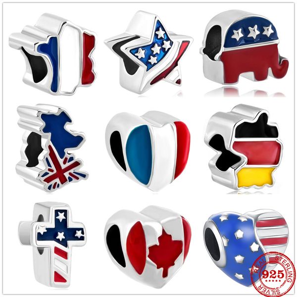 925 Sterling Silver Dangle Charme Mulheres Mertes de Alta qualidade Presente de jóias atacado New France Australia Alemanha Canadá Flag Diy Fit Fit Pandora Bracelet Diy