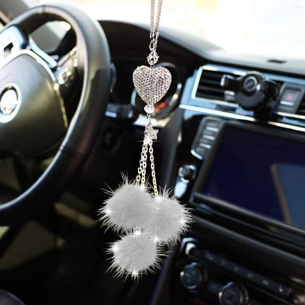 Decorações de interiores Bling Car Mirror Accessories for Women Love Heart e Pink Plush Ball Rinestones Crystal Diamond