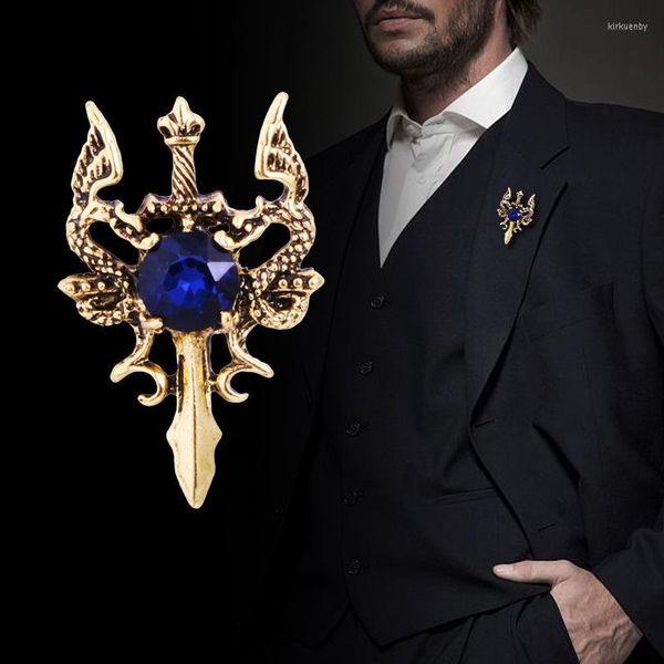 Broches Vintage Metal Dragon Sword Broche Pin Animal Strass Lapel Pins Masculino Terno Camisa Distintivo Corsage Jóias Acessórios