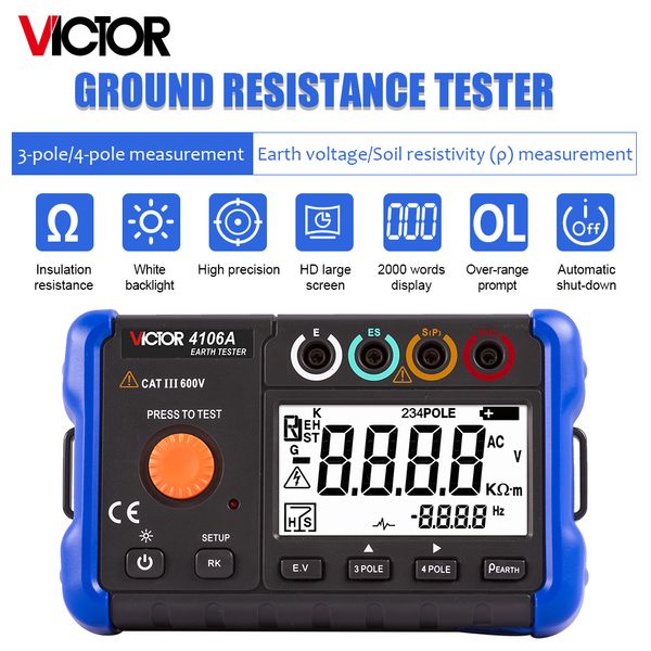 Strumenti di misurazione elettronica AC True RMS Digital Earth Resistance Tester 3 Polo 4 Pole Metodo Misurazione Victor 4106A