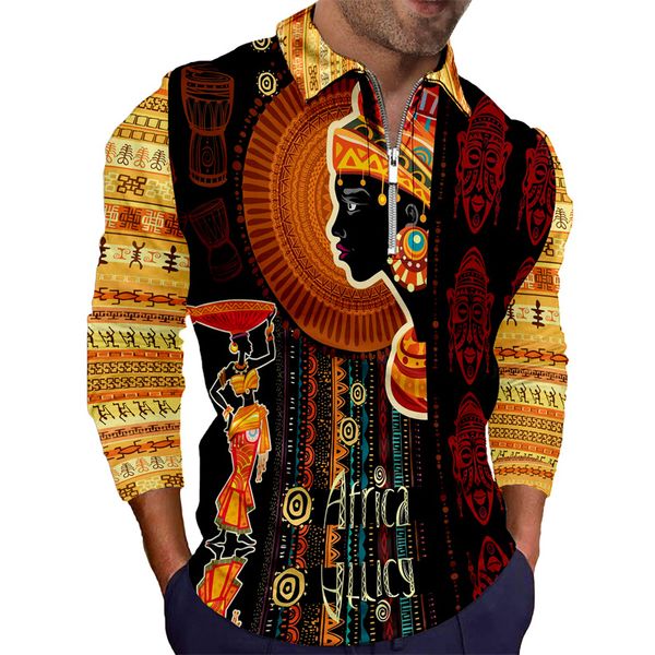 Polo da uomo African Dashiki Stampa Polo da uomo Autunno Moda Colletto rovesciato Manica lunga Cerniera Top Uomo tradizionale FolkCustom 221006