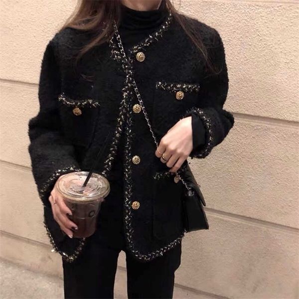 Giacche da donna Coreano Donna Giacca di tweed nera Cappotto Capispalla da donna Cappotti Abito stile canale Tagliata a righe Kawaii Moda vintage Versione alta