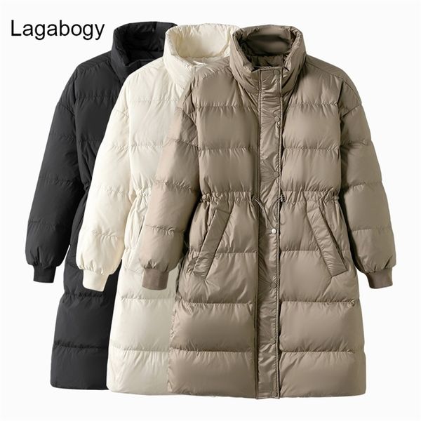 Frauen in Parkas Lagabogy Winter Stand Halsband Langes Frauen weiße Entenjacke weibliche lockere winddichte Khaki Parka Dicker warmer Schneemantel 221007