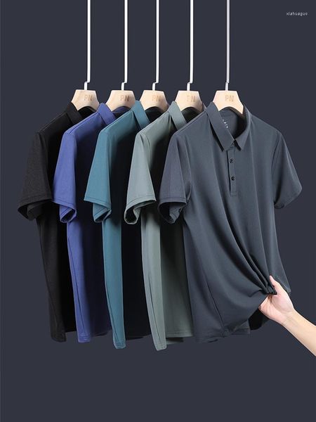 Polo da uomo Moda di arrivo Fine Piccola barra orizzontale Polo in seta di ghiaccio da uomo Manica corta Estate Senza ferro Taglia MLXL2XL3XL4XL5XL