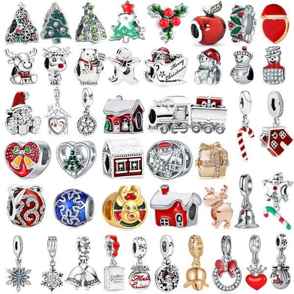 925 Sterling Silver Ciondola Charm Donna Perline Gioielli di alta qualità Regalo Regalo di capodanno all'ingrosso Albero di Babbo Natale Fiocco di neve Alce Bead Fit Pandora Charms Bracciale fai da te